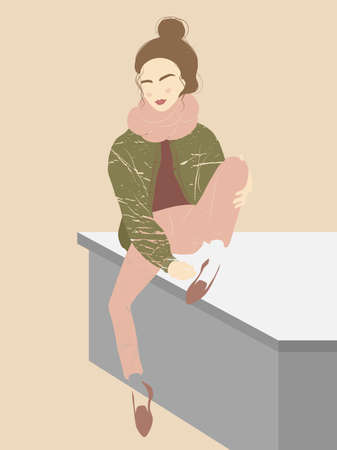 Beautiful young woman sitting illustration. Silhouette of beautiful girl with grunge texture textiles. Hand drawn minimalistic illustration. Fashion model. Creative image.のイラスト素材