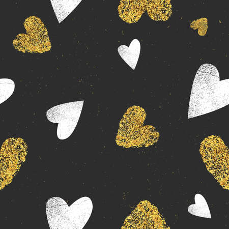 Black background with gold glitter hearts and white hearts with grunge texture. Valentines Day, romantic, trendy fashion pattern.のイラスト素材