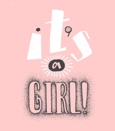 Its a girl Creative Handwritten lettering for baby shower. Pink background and white and black lettering. Cute colored vector invitation for a wonderful event.のイラスト素材