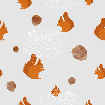 Squirrel with nut and grunge texture seamless pattern on gray background. Cute graphic animal illustration. Design for fabric, textile, decor.の写真素材