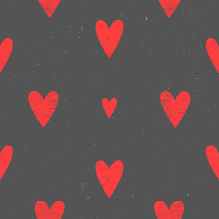 Red hearts seamless pattern with grunge texture. Black background. Perfect gift wrapping packaging.
