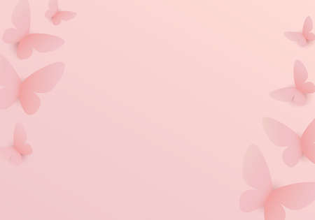 Cute Background with Butterflies. Paper cut 3d style. Perfect template for romantic, fresh, wedding ocassion. Pink light trendy colors. Paper flying elements on pink background postcard.の写真素材