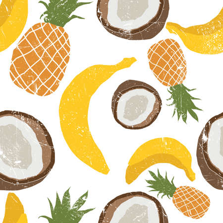 Beautiful hand drawn pattern with bananas, coconuts, pineapples. A Seamless vector floral pattern, summer background. Grunge texture modern and trendy lino style.のイラスト素材
