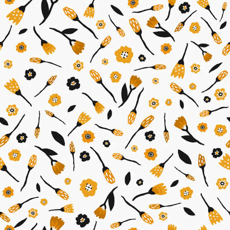 Seamless pattern with flowers and leaves in black and yellow color on white background. Hand drawn fabric, gift wrap, wall art design.のイラスト素材