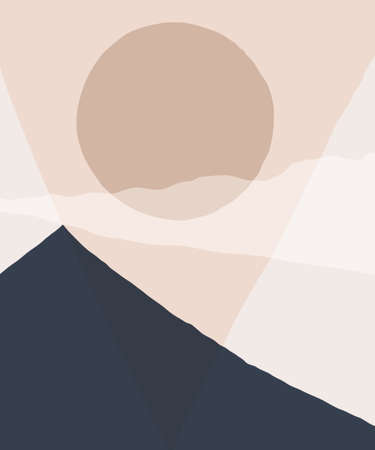 Abstract landscape background. Silhouette of mountain sky and sun geometric composition. Poster of landscape in beige. taupe and navy trendy colors.のイラスト素材