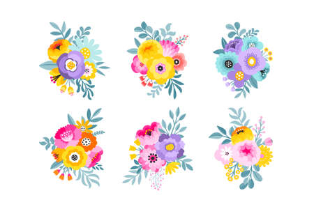 Set of beautiful vector flower arrangements. Colorful floral bouquet decorations. Spring ornaments. Spring floral decoration. Isolated botanical graphics.のイラスト素材