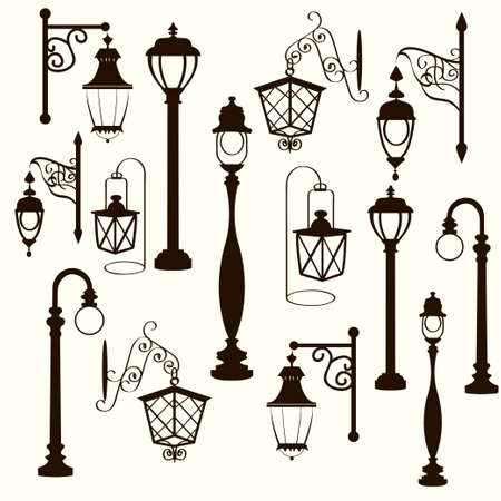 retro and modern street lanterns, vector illustrationのイラスト素材