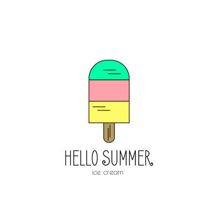 Vector set of bright summer cards. Beautiful summer posters with lemonade, ice cream, cocktail and phrases Hello Summerのイラスト素材