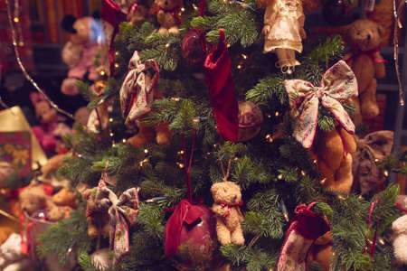 Christmas decorations and present boxes with festive lights
