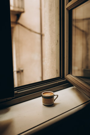 Coffee cup near the window with shutters in Turin, Italy. Enjoy the moment, relax lifestyle. Cozy sunny day. weekend vibesの写真素材