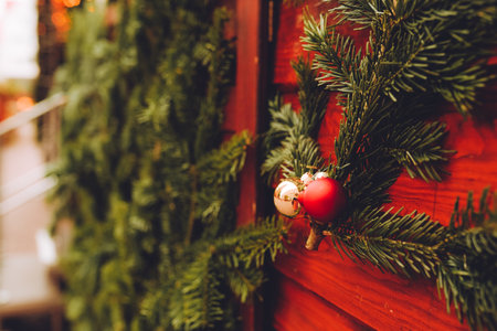 Holiday decorations in Europian Christmas market. New Year decorationsの写真素材