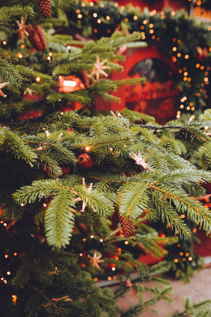 Holiday decorations in Europian Christmas market. New Year decorationsの写真素材