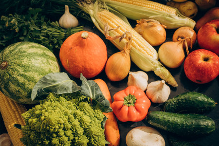 Organic harvest fruits and vegetables from garden. Vegetarian ingredients for cooking on dark rustic background, top viewの写真素材