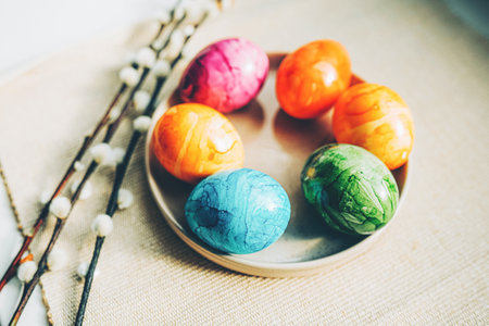Blooming branches of the pussy willow and colored Easter eggs.の写真素材