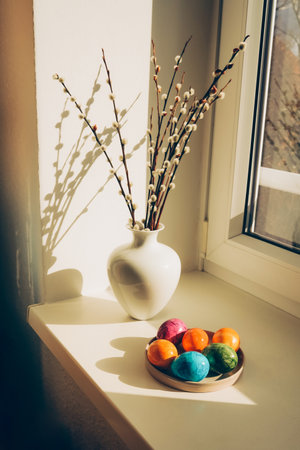 Blooming branches of the pussy willow and colored Easter eggs.の写真素材