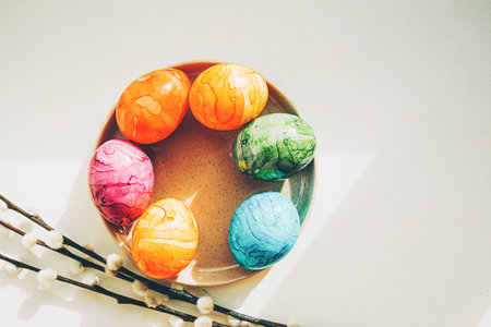 Blooming branches of the pussy willow and colored Easter eggs.の写真素材
