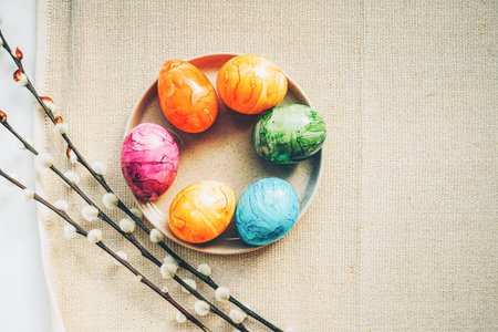 Blooming branches of the pussy willow and colored Easter eggs.の写真素材