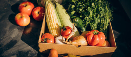 Organic harvest fruits and vegetables from garden. Vegetarian ingredients for cooking on dark rustic background, top viewの写真素材