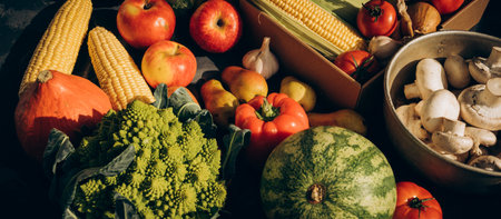 Organic harvest fruits and vegetables from garden. Vegetarian ingredients for cooking on dark rustic background, top viewの写真素材