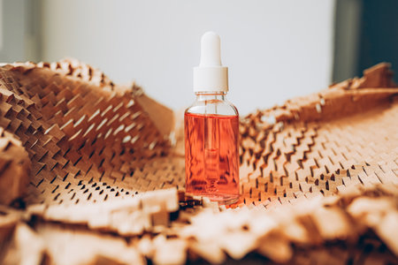 Glass bottle of cosmetic product. Skin care concept. organic spa cosmetics.の写真素材