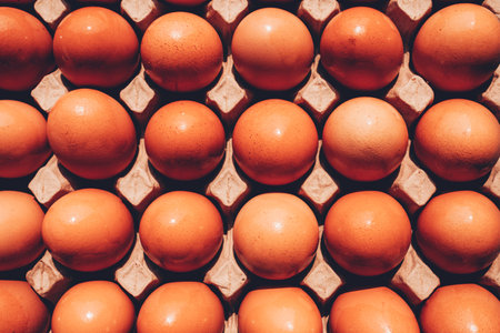 Chicken eggs in tray, close-up eggs pattern.の写真素材