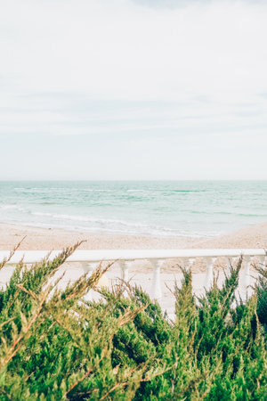 Closeup sea sand beach. Panoramic beach landscape. .horizonの写真素材