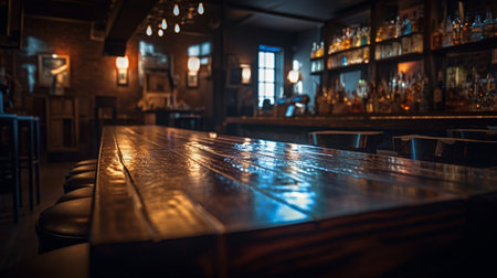 Wooden table with a view of blurred bar counter backdrop. AI Generativeの素材