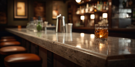 Wooden table with a view of blurred bar counter backdrop. AI Generativeの素材