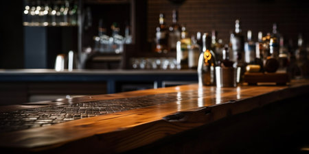 Wooden table with a view of blurred bar counter backdrop. AI Generativeの素材