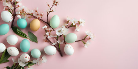 Colorful Easter eggs with spring blossom flowers on pastel background. Colored egg holiday border, flat lay. AI Generativeの素材