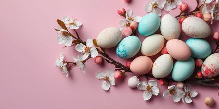 Colorful Easter eggs with spring blossom flowers on pastel background. Colored egg holiday border, flat lay. AI Generativeの素材