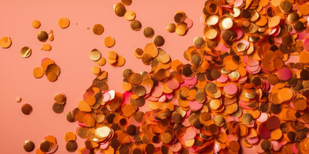 Golden confetti on pink background. Flat lay, top view.の素材