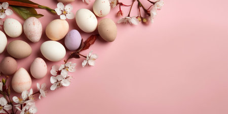 Colorful Easter eggs with spring blossom flowers on pastel background. Colored egg holiday border, flat lay. AI Generativeの素材