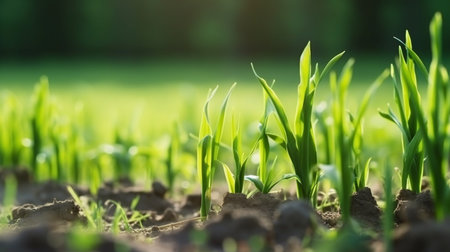Young green sprouts of corn on the field in the spring.の素材