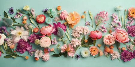 Flat lay creative illustration of spring flowers on pastel blue background. Beautiful bloomed flowers. Generative AI.の素材