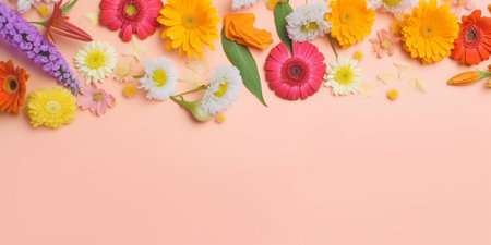 Flat lay creative illustration of spring flowers on pastel pink background. Beautiful pink bloomed flowers. Generative AI.の素材