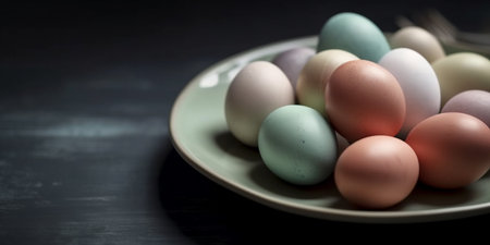 Easter eggs on a plate on a dark background, Generative AIの素材