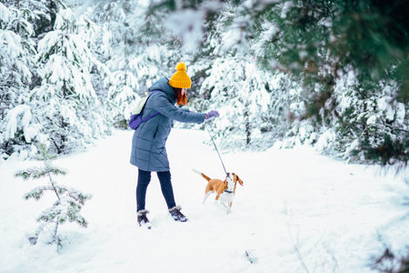 Young woman playing with her beagle dog in snowy winter forestの写真素材