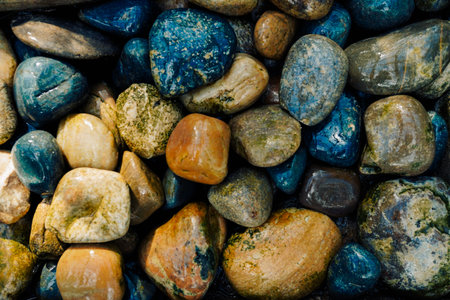 Assortment of vibrant, smooth, polished river stones displaying a natural array of earthy colors and textures.の写真素材