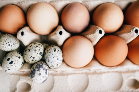 Assorted farm-fresh eggs including chicken eggs and quail eggs nicely arranged in a carton container.の写真素材