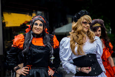 Leipzig, Germany, Juny 9, 2019. Gothic and steampunk costumes at the street
