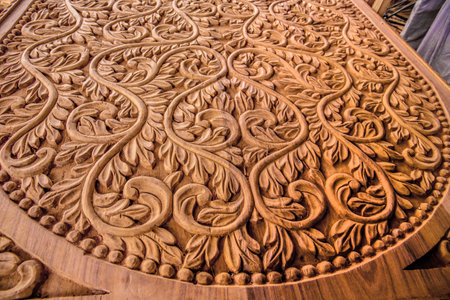 Stonetown, Zanzibar, Tanzania. 27 March 2018. a magnificent pattern carved from wood in a Tanzanian workshop. close-upのeditorial素材