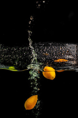 bright juicy fruits with splashes fly into the aquarium on a black backgroundの写真素材