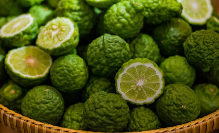 Pile in a basket of Kafir Lime or Citrus trifoliata Aromatic spices at Balinese cooking. wellness and food conceptの写真素材