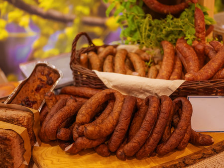 Different types of homemade smoked dry sausages hanging on a dark wooden background. Assortment of delicious deli meats, Salami and pepperoni. meat food conceptの写真素材