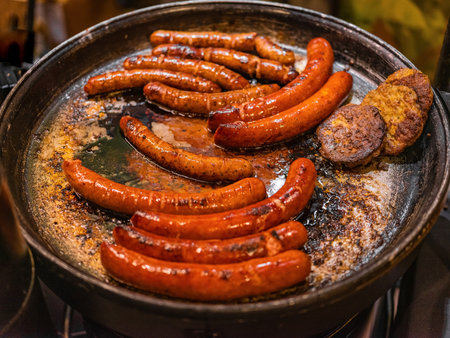 meat food concept. grilled homemade sausages in a pan with fatの写真素材