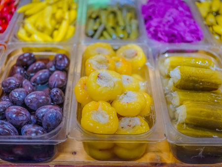 Homemade marinated paprika with garlic, parsley and spices Vegetarian food, Mediterranean cuisine...