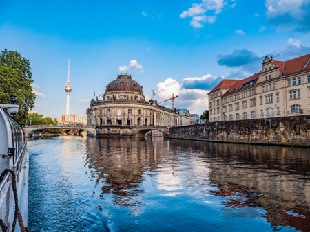 Berlin, Germany 11 august 2021.river spree center Berlin. beautiful facades reflected in water at sunset. Europe travel conceptのeditorial素材