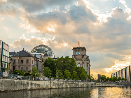 Berlin, Germany 11 august 2021.river spree center Berlin. beautiful facades reflected in water at sunset. Europe travel conceptのeditorial素材