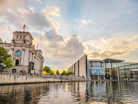 Berlin, Germany 11 august 2021.river spree center Berlin. beautiful facades reflected in water at sunset. Europe travel conceptのeditorial素材